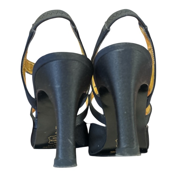 VINTAGE NINA SATIN BLACK CRISS CROSS STRAPY 3" HEELS W GOLD TONE LINED SZ 9 - Picture 4 of 6